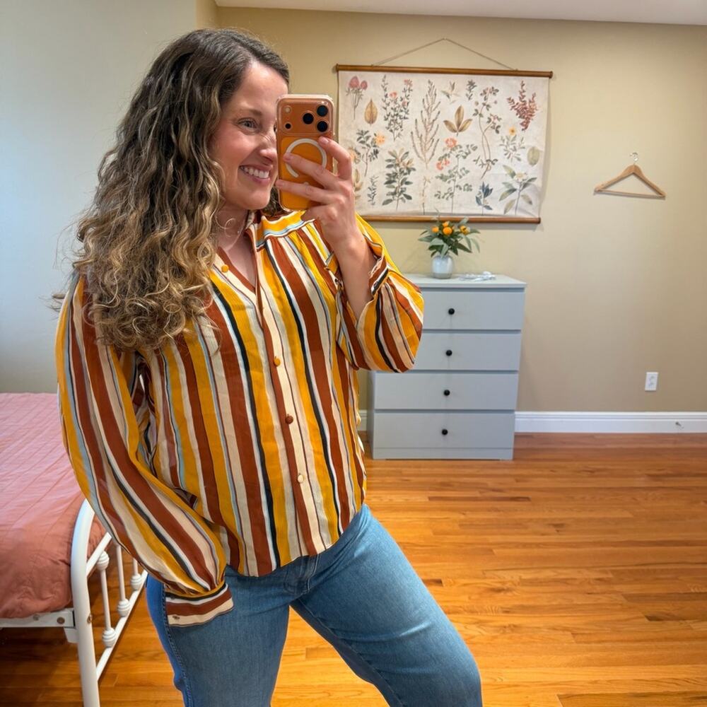 Frame Silk Yellow Tan Striped Overized Retro Button Front Long Sleeve Blouse XS - Picture 4 of 13